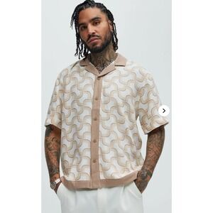 Malibu Men's Retro Geometric Pattern Short Sleeve Button Up Shirt -Size M‎